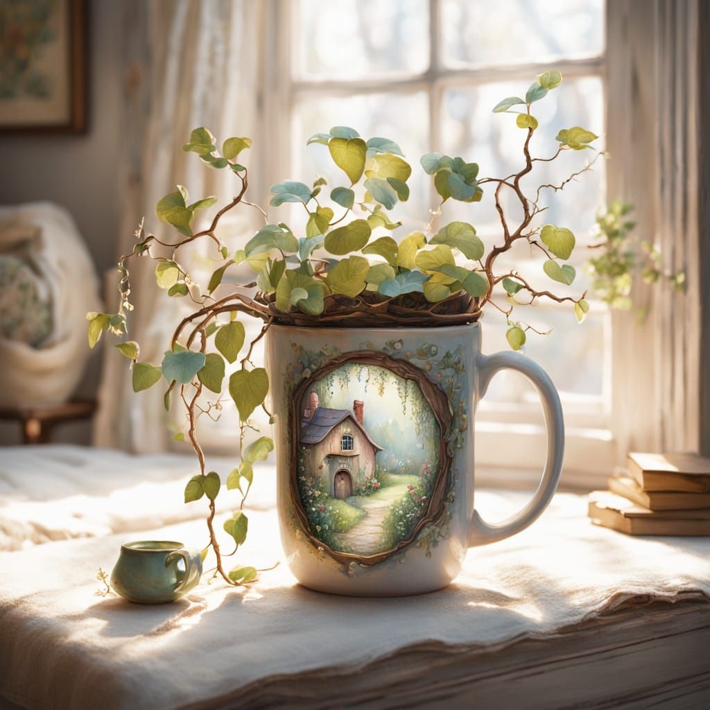 Vines Sprout from Mug in Cozy Bedroom