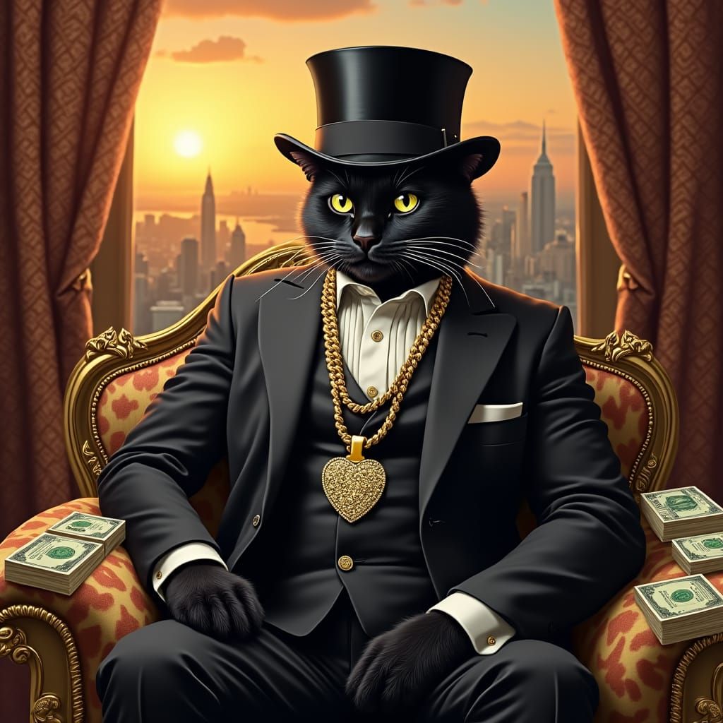 Opulent Cat Portrait in Kehinde Wiley and Klimt Style