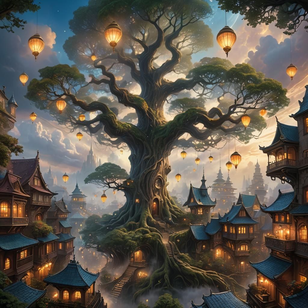 Giant Tree Envelops Futuristic City in Ethereal Mist