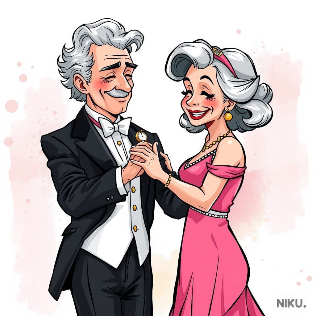 Elegant Elderly Couple Dancing in Comic Book Style