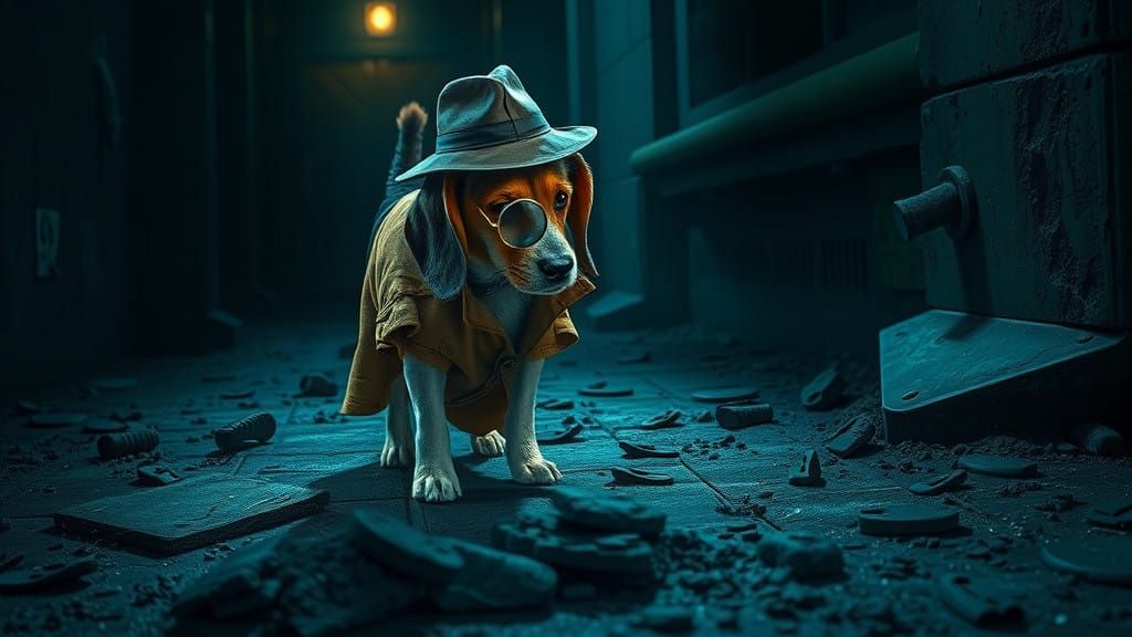 Cyberpunk Sleuth Beagle Investigates Noir Crime Scene