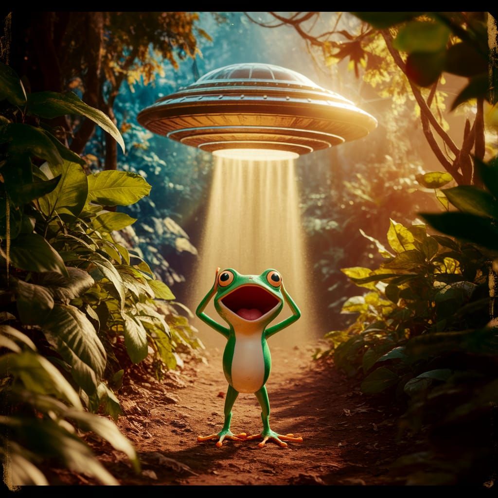 Frog Sees Flying Saucer in Rainforest: Cinematic Still