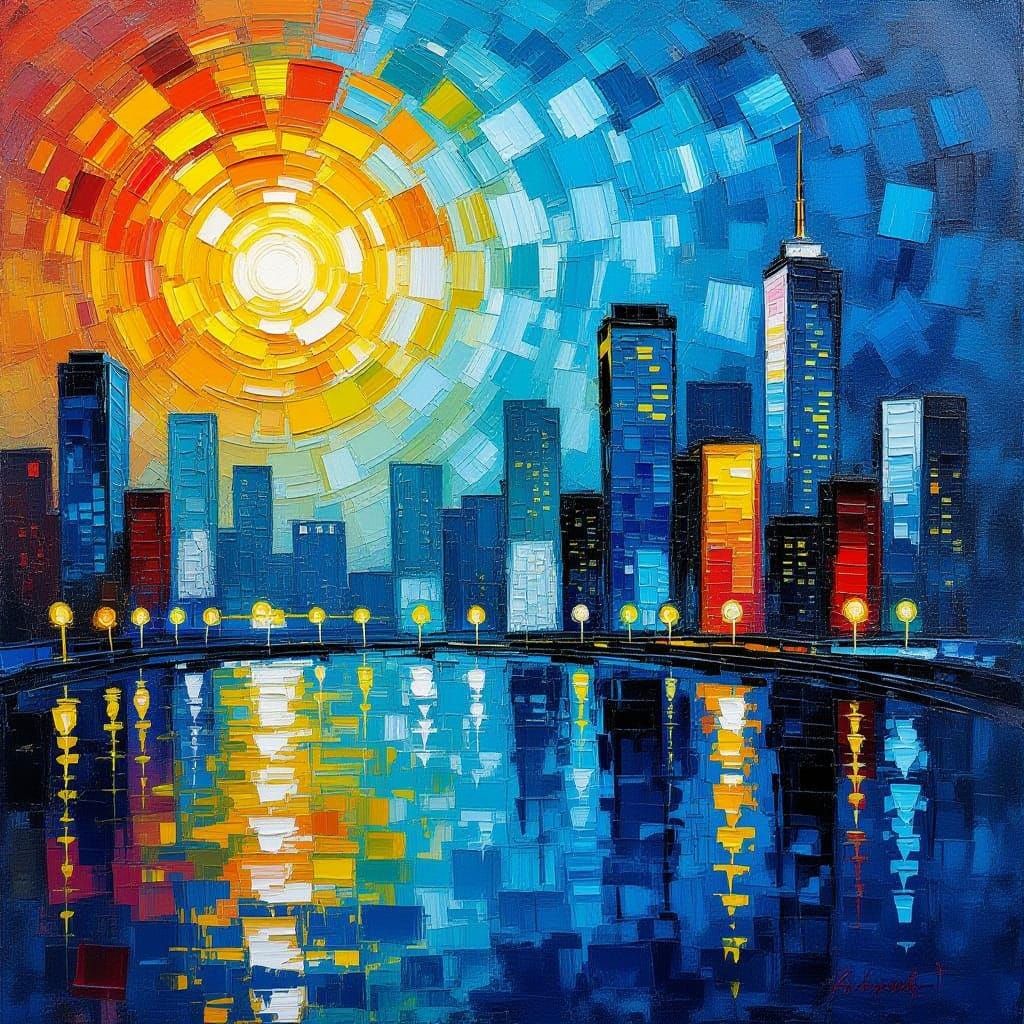 Luminous Cityscape in Impasto and Encaustic Style