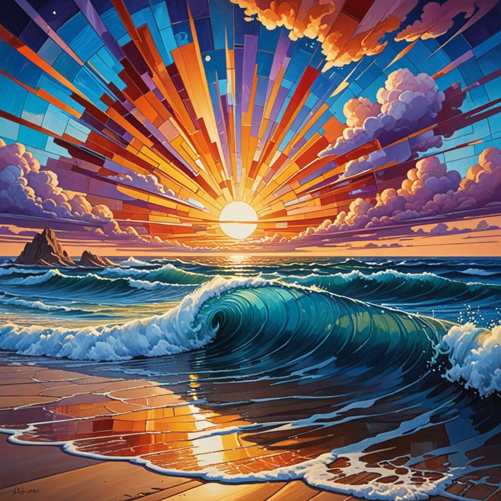 Vibrant Ocean Waves Crash on Fractured Glass Shore in a Drea...