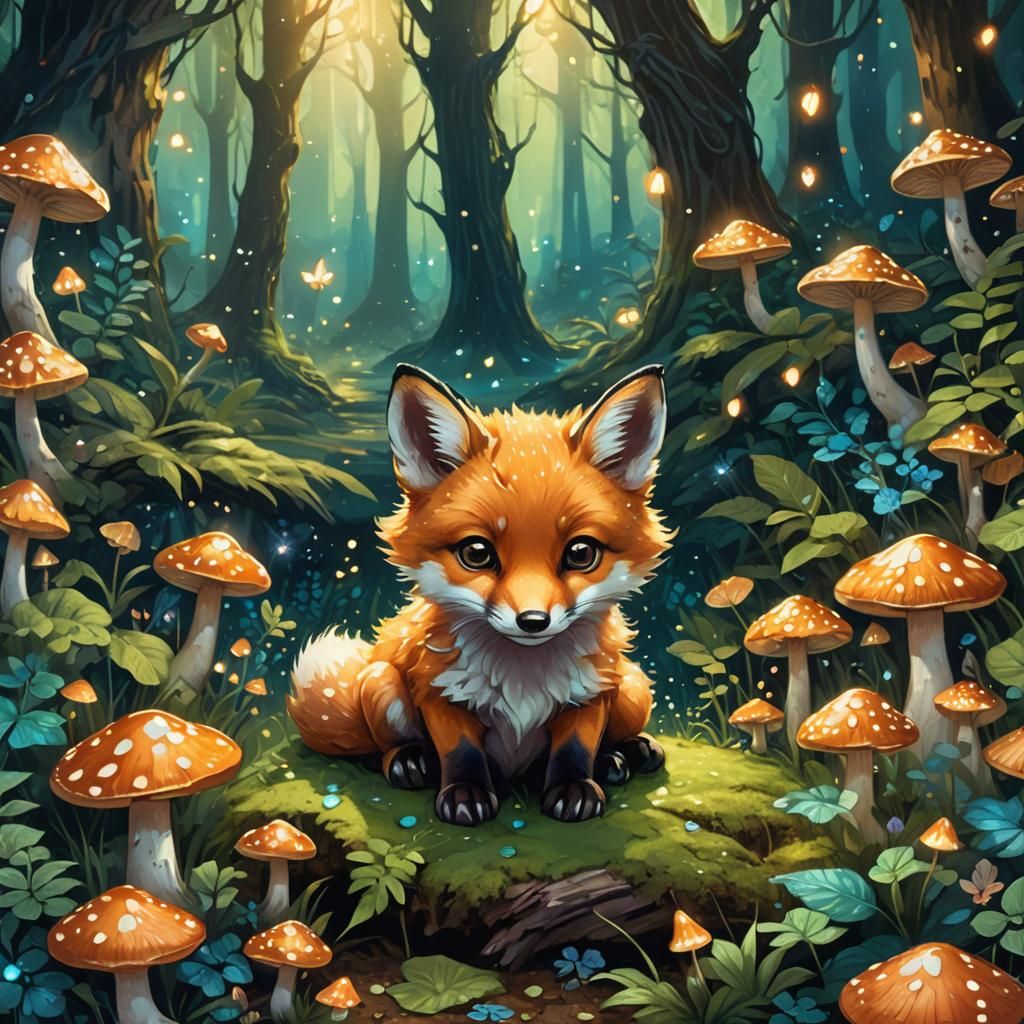 Cute Fox Kit in Mystical Forest: Fantasy Art