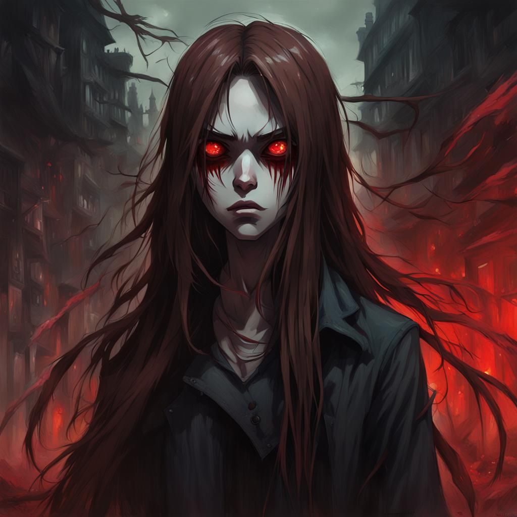 Sinister Anime Girl with Red Eyes, Digital Art