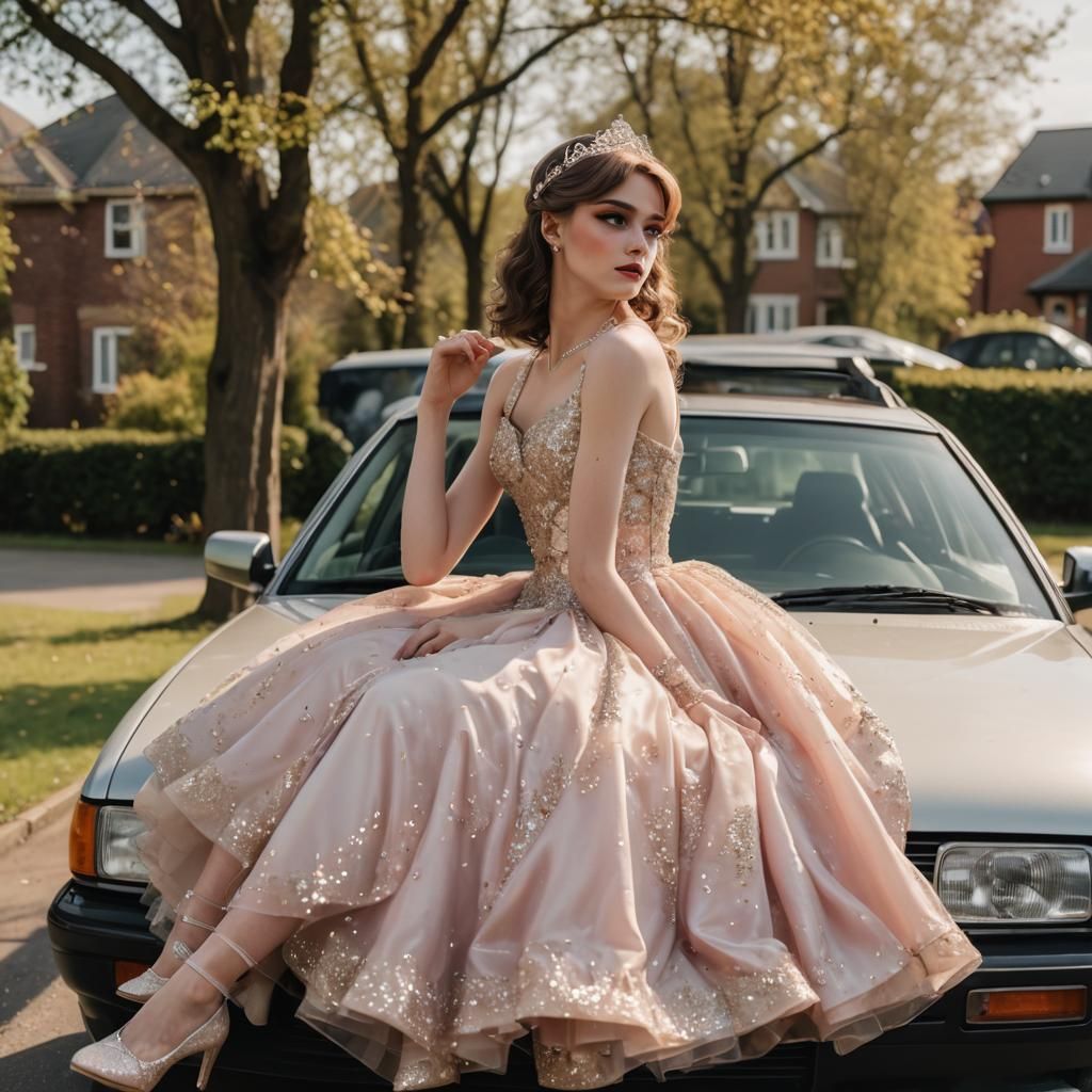 Boy in Prom Dress Sits on Car