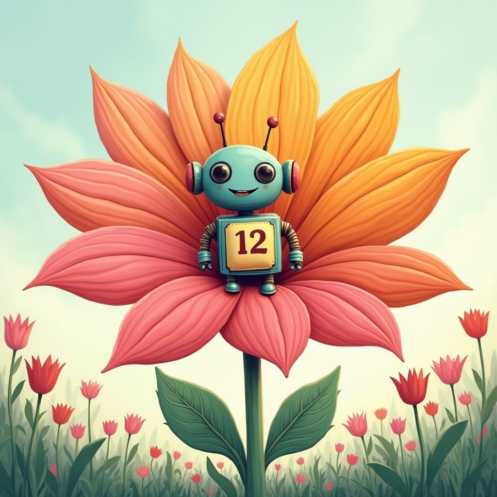 Whimsical Robot in a Giant Flower Illustration