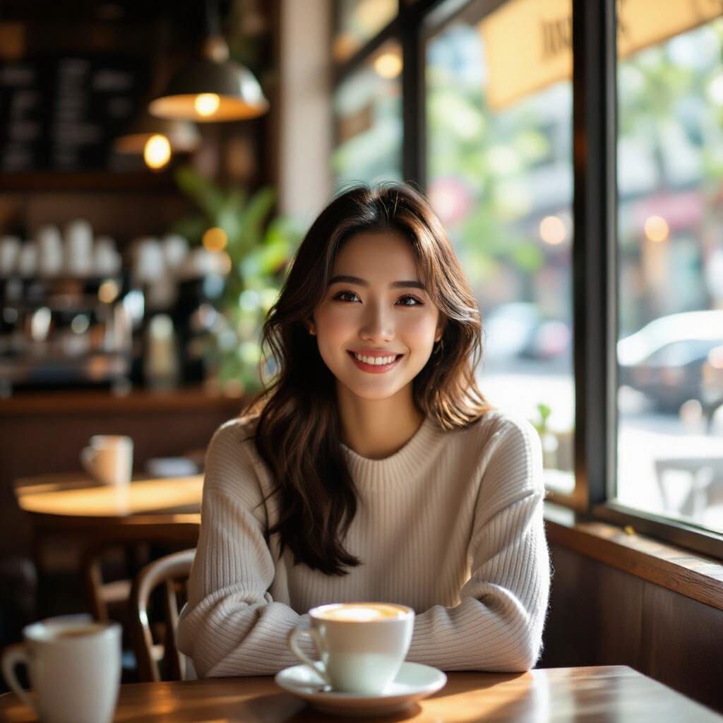 Relaxed Singaporean Woman Enjoys Coffee in Cozy Cafe