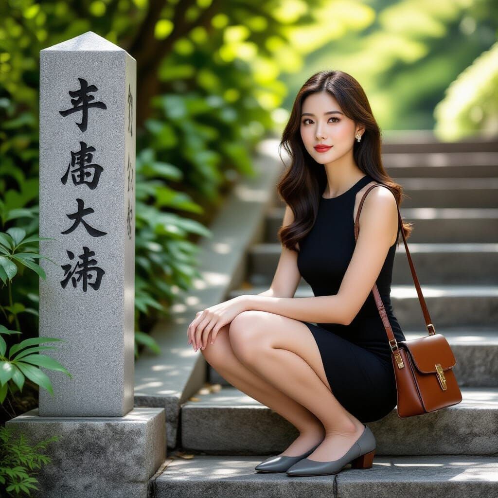 Elegant Chinese Woman in Black Dress on Stone Steps