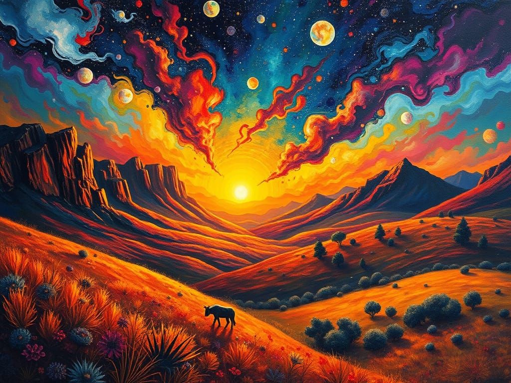 Wild Bold Fauvism cosmic landscape, colour light spectrum glowing golden