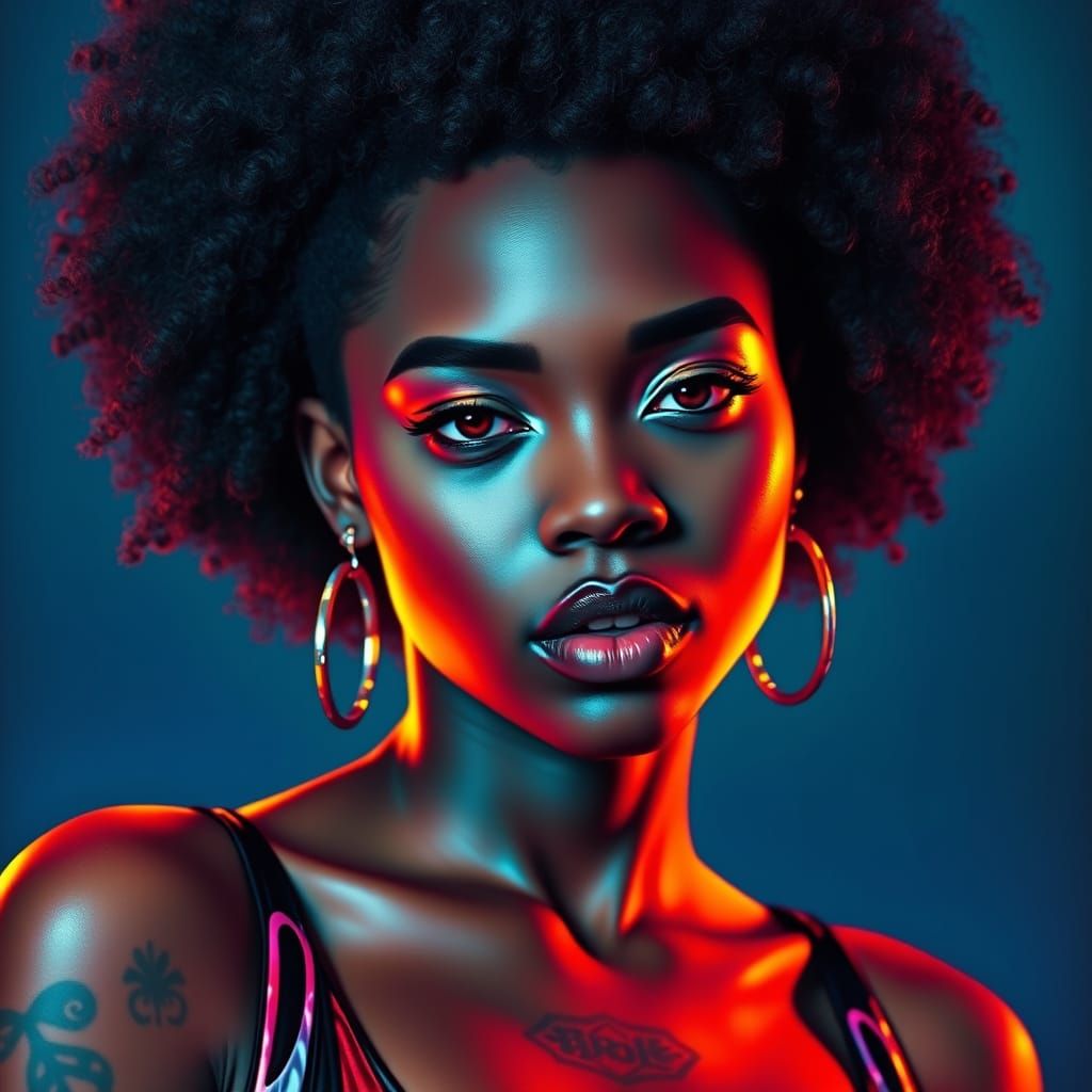Neon Disco Portrait with Afro, Airbrush Style