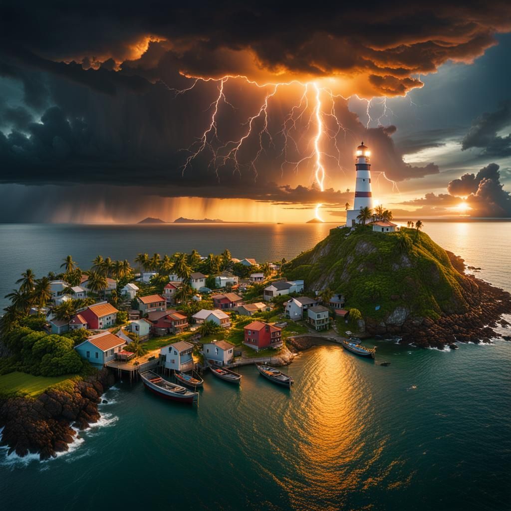 Island Village Sunset Under Distant Thunderstorm