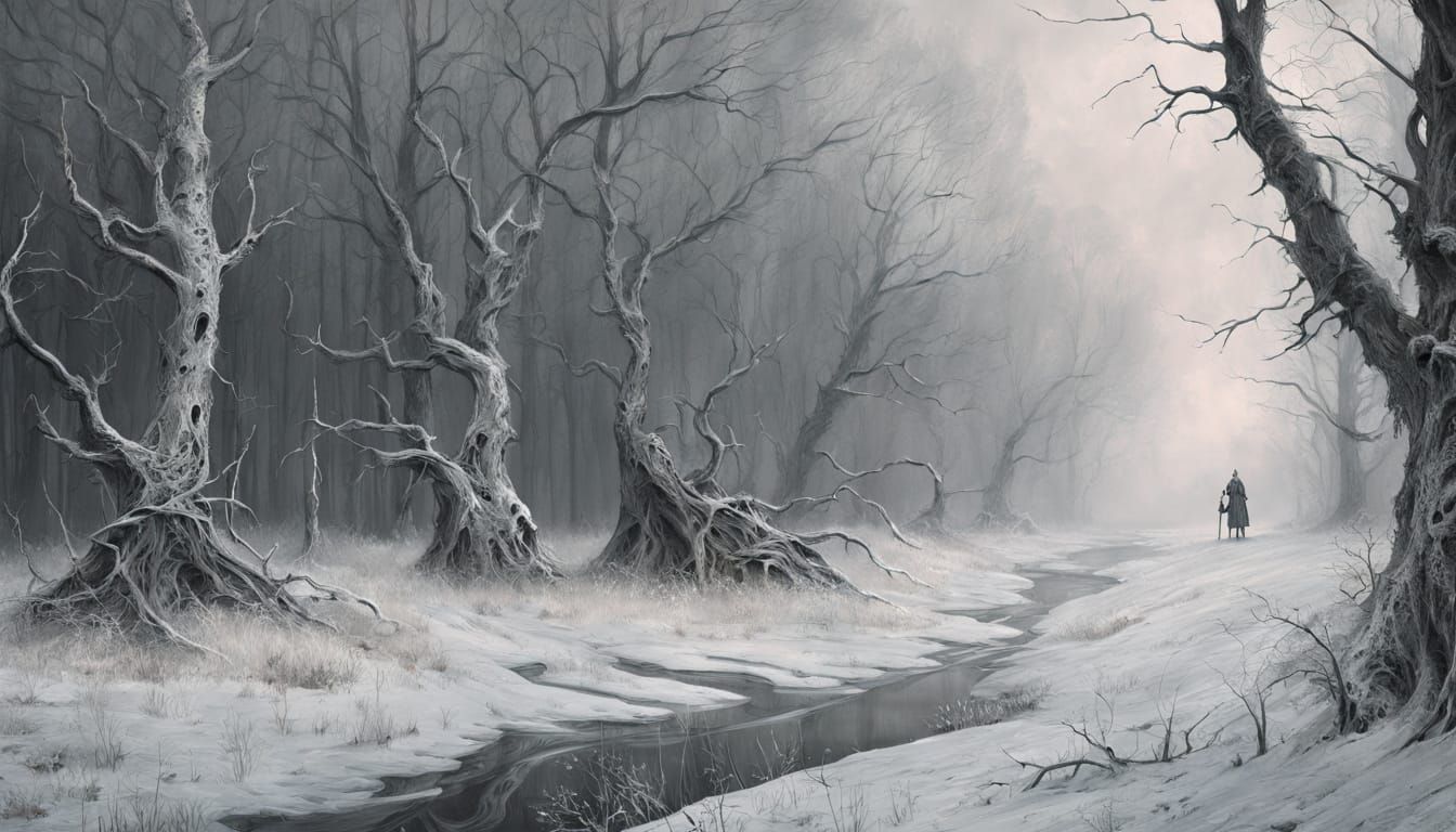 Knight in Eerie Forest in Beksiński Style