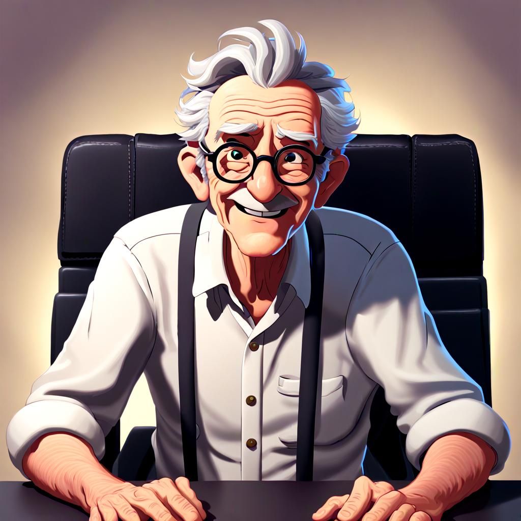 OLDER male character with SMALL reading glasses sitting at a...