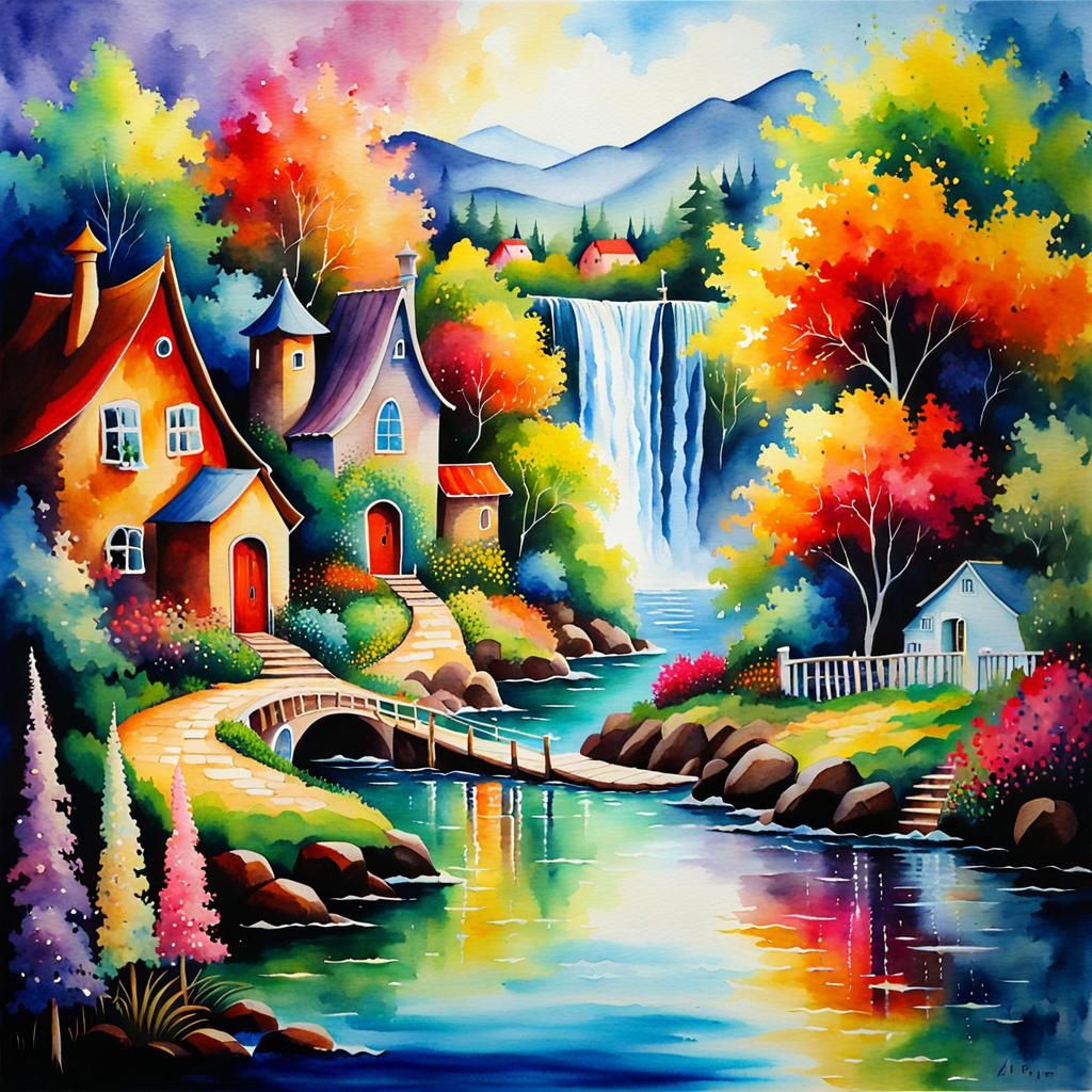 Whimsical Watercolor Waterscape with Sailboats and Cottages