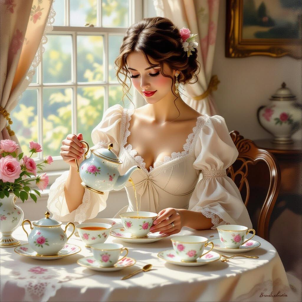 Elegant Woman Enjoys Afternoon Tea in Vintage Style