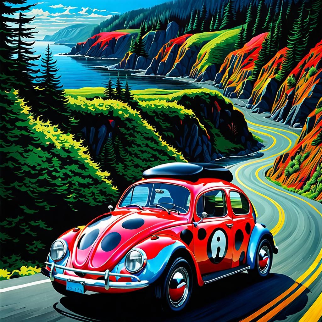 Ladybug Beetle Drives Washington Coast: Airbrush Art