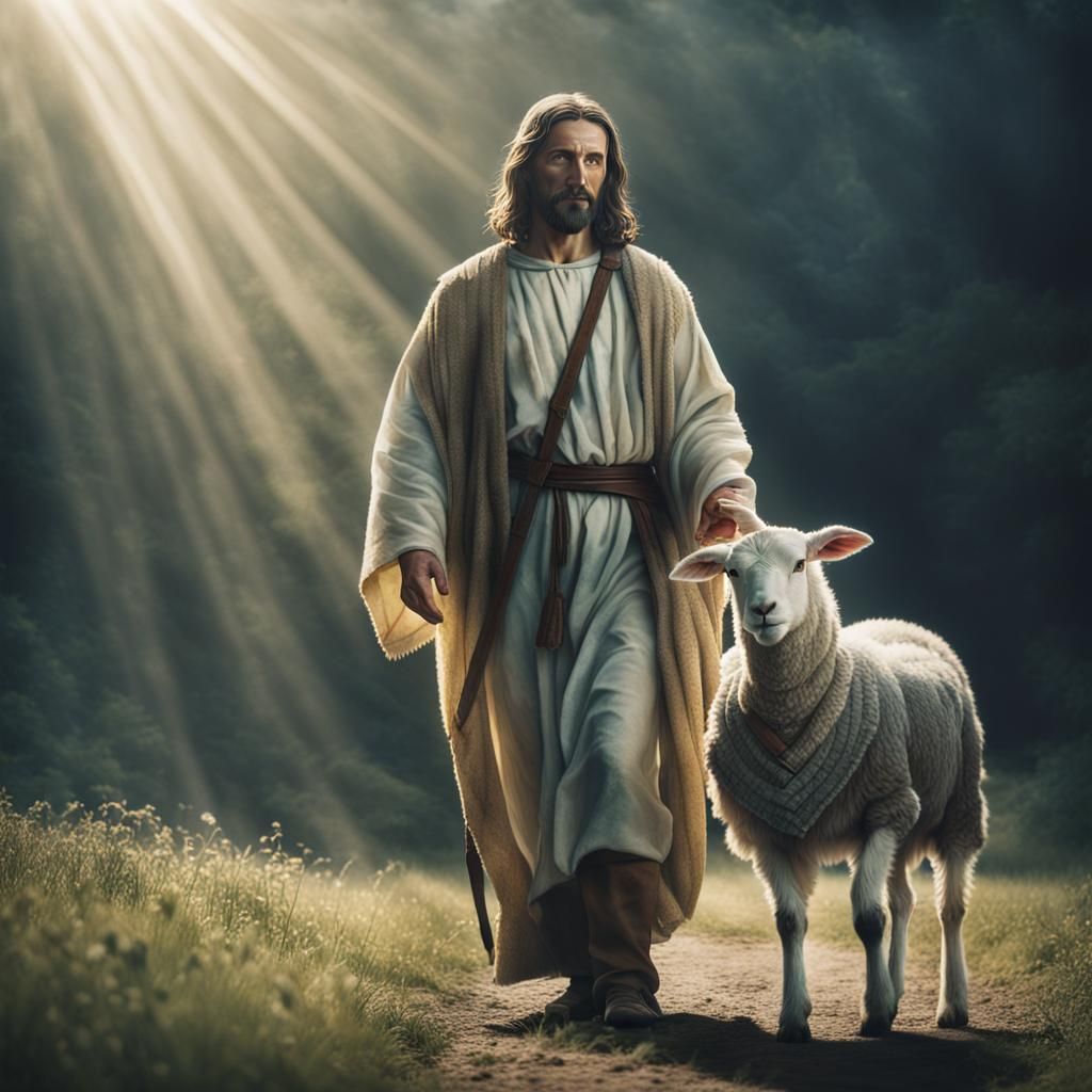 Jesus Christ with Lamb: Photorealistic Cinematic Painting