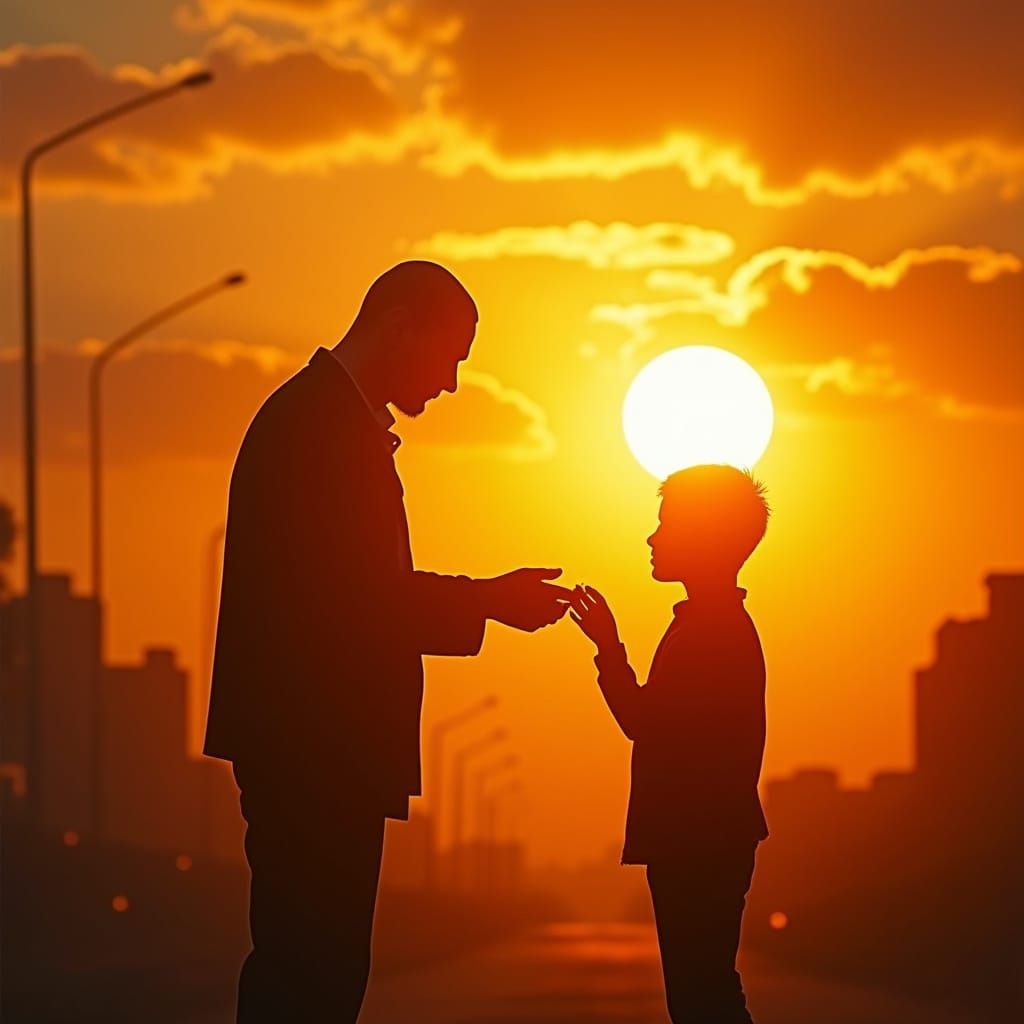 Man Gives Money to Boy in Orange Sunset