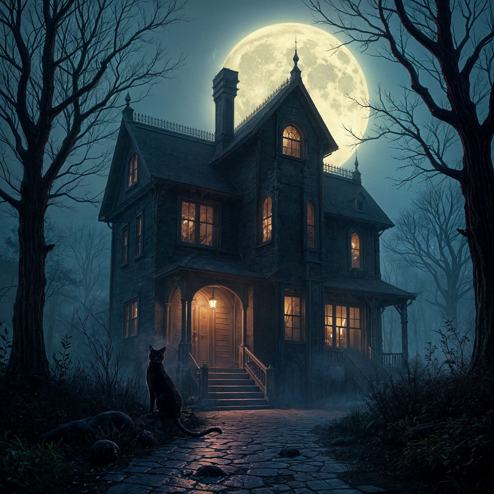 Eerie Black Cat and Haunted House in Dark Fantasy