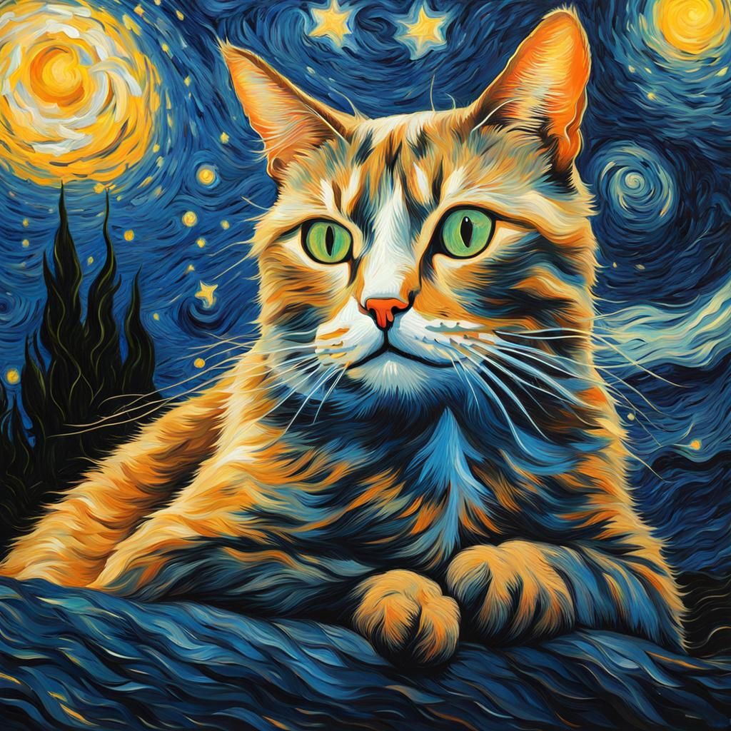 Starry Night with Cat as Abstract Art