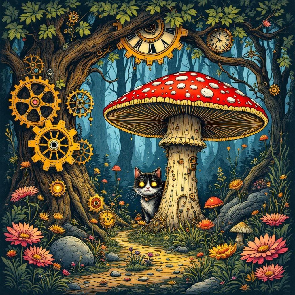 Steampunk Fairy Tale: Clockwork Forest in Alcohol Ink Style