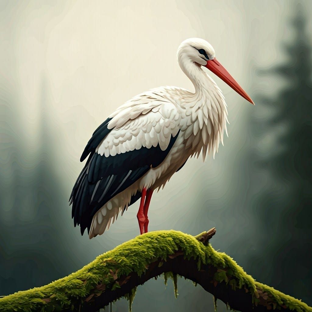 Stork in Misty Forest: Watercolor Illustration