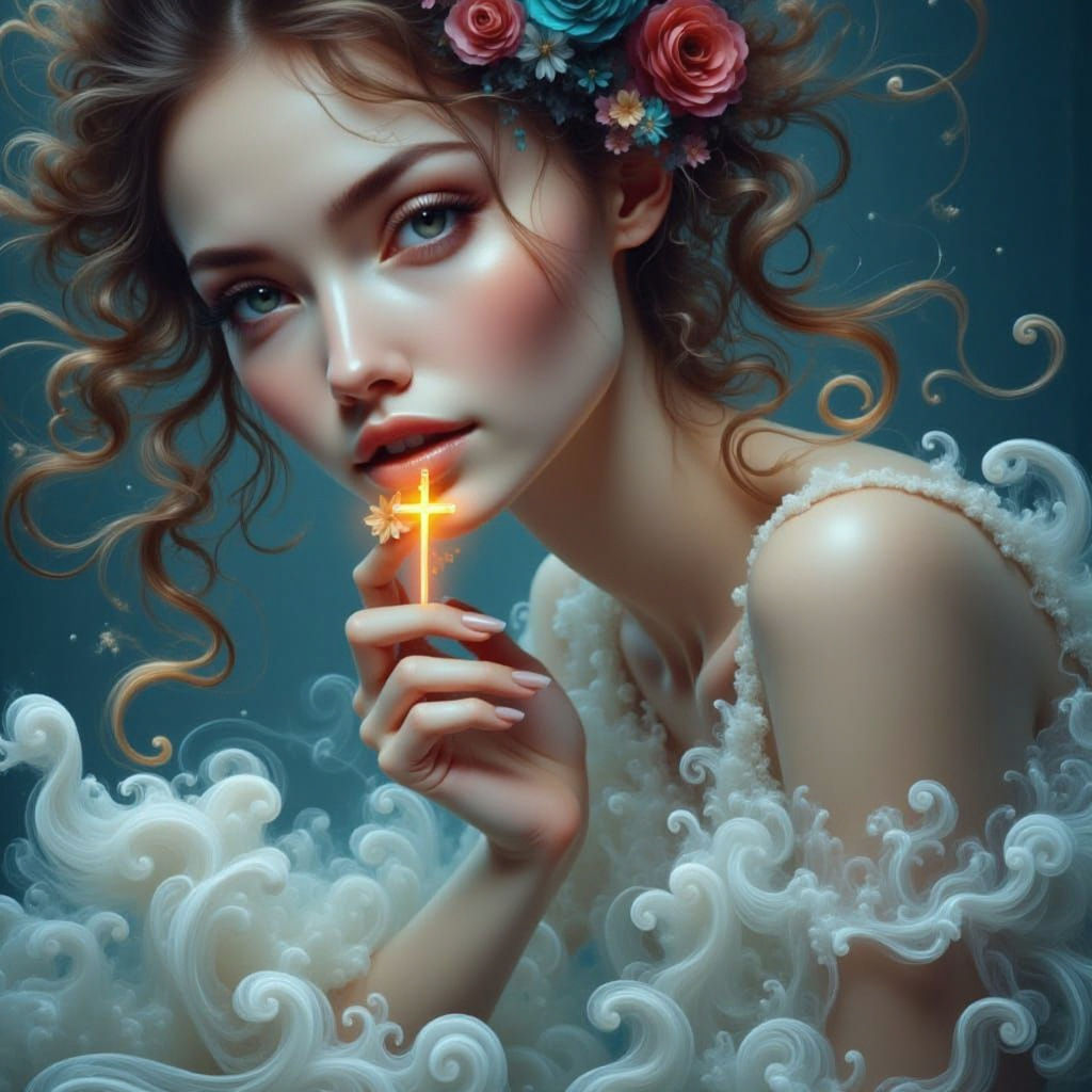 Surreal Woman with Cross in Ethereal Landscape