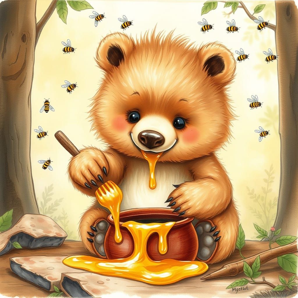 Whimsical Bear Cub with Honey and Bees