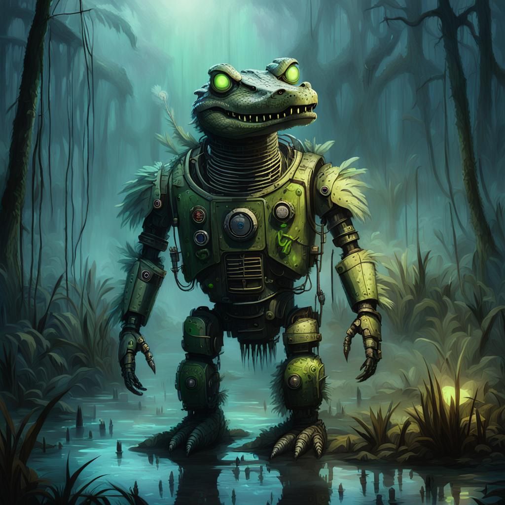Robot Crocodile in Mysterious Swamp Landscape