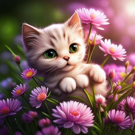 Chibi Cat Covered in Colorful Flowers
