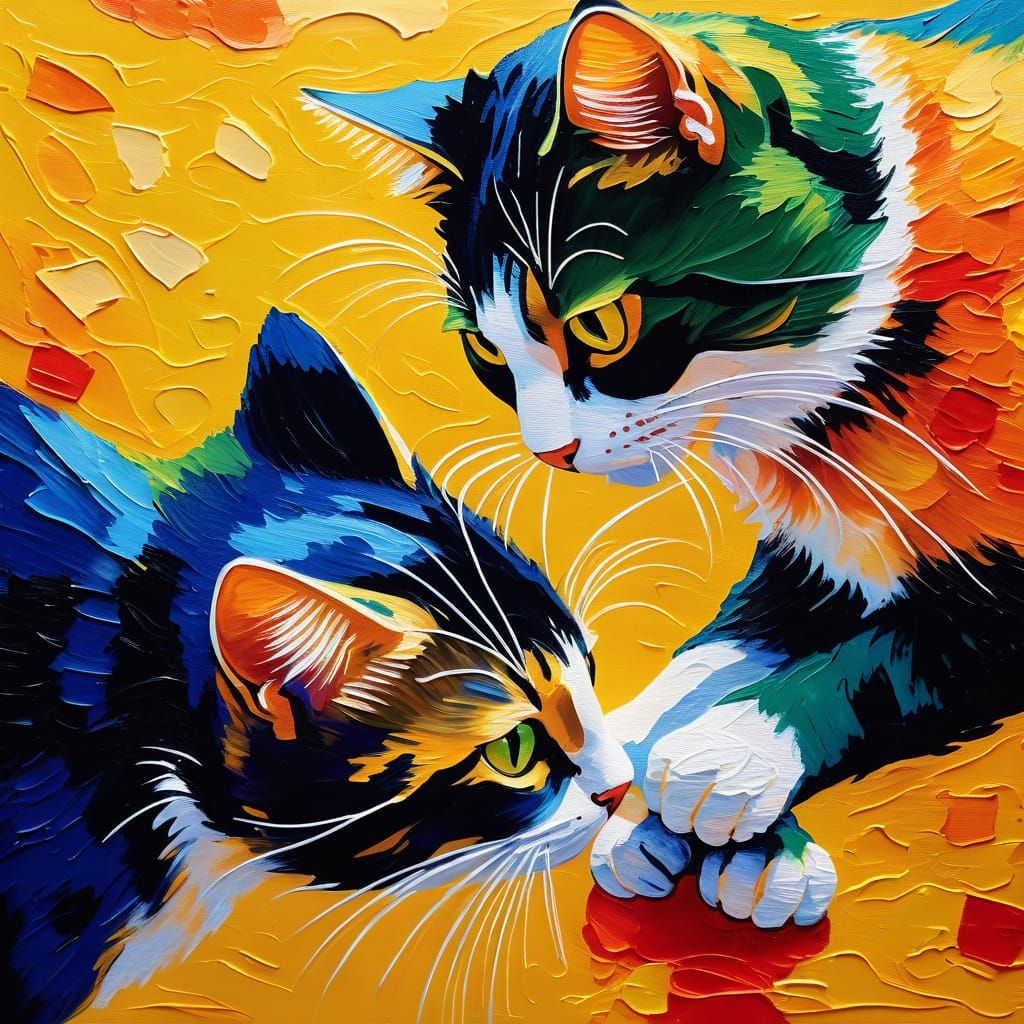Cats Playing: An Expressionist Oil Painting in Neo-Impressio...