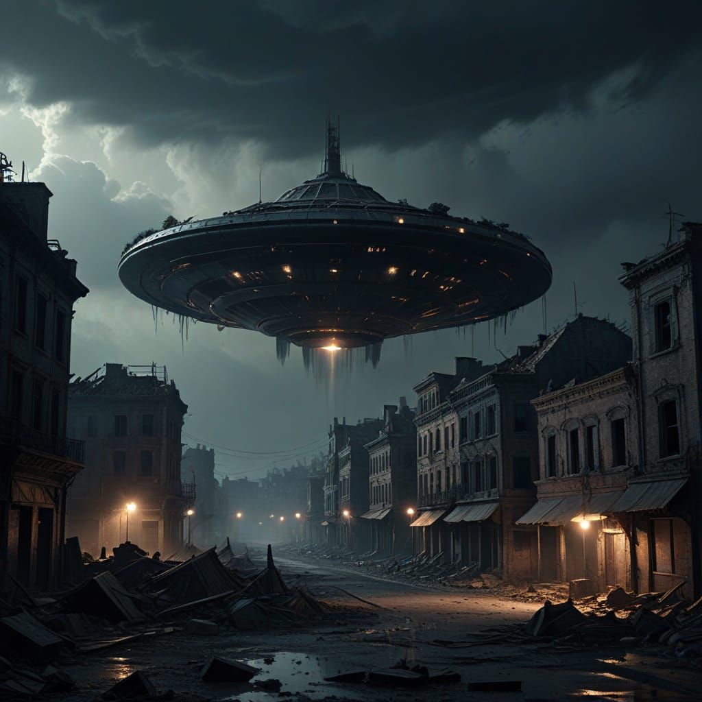 Surreal Cityscape Tormented by Celestial Horror