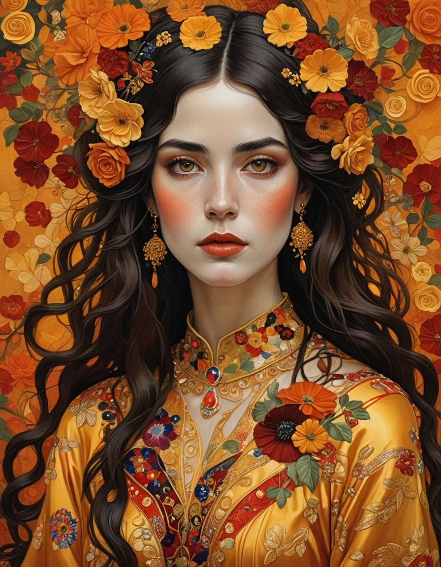 Floral Portrait in Gustav Klimt Style