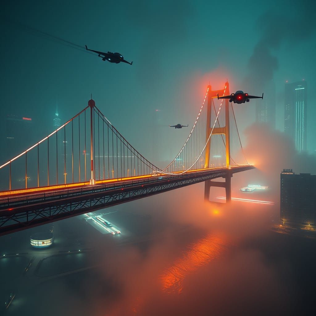 Cyberpunk Suspension Bridge in a Gritty Dystopian Cityscape