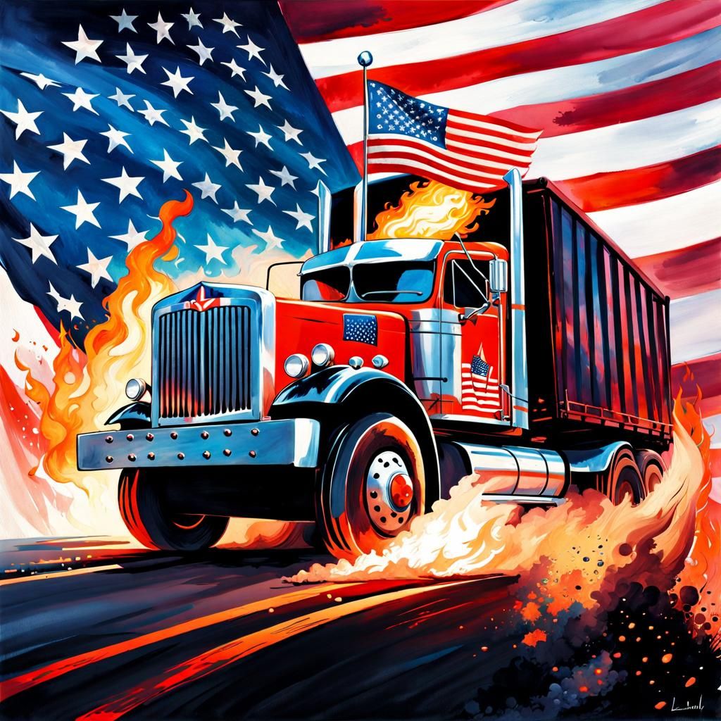 Uncle Sam Drives Burning Truck in Watercolor