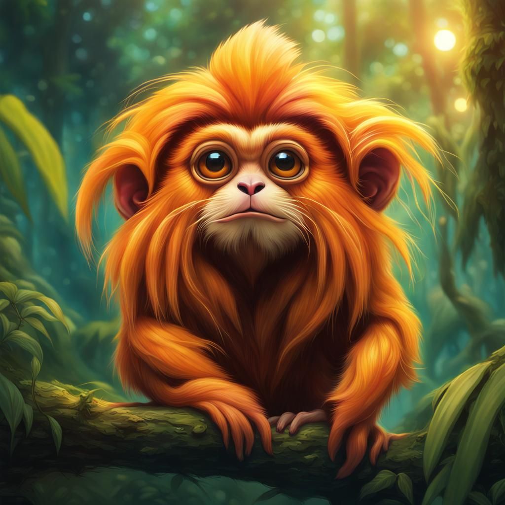Cute and adorable Golden Lion tamarin at tropical forest, fantasy,