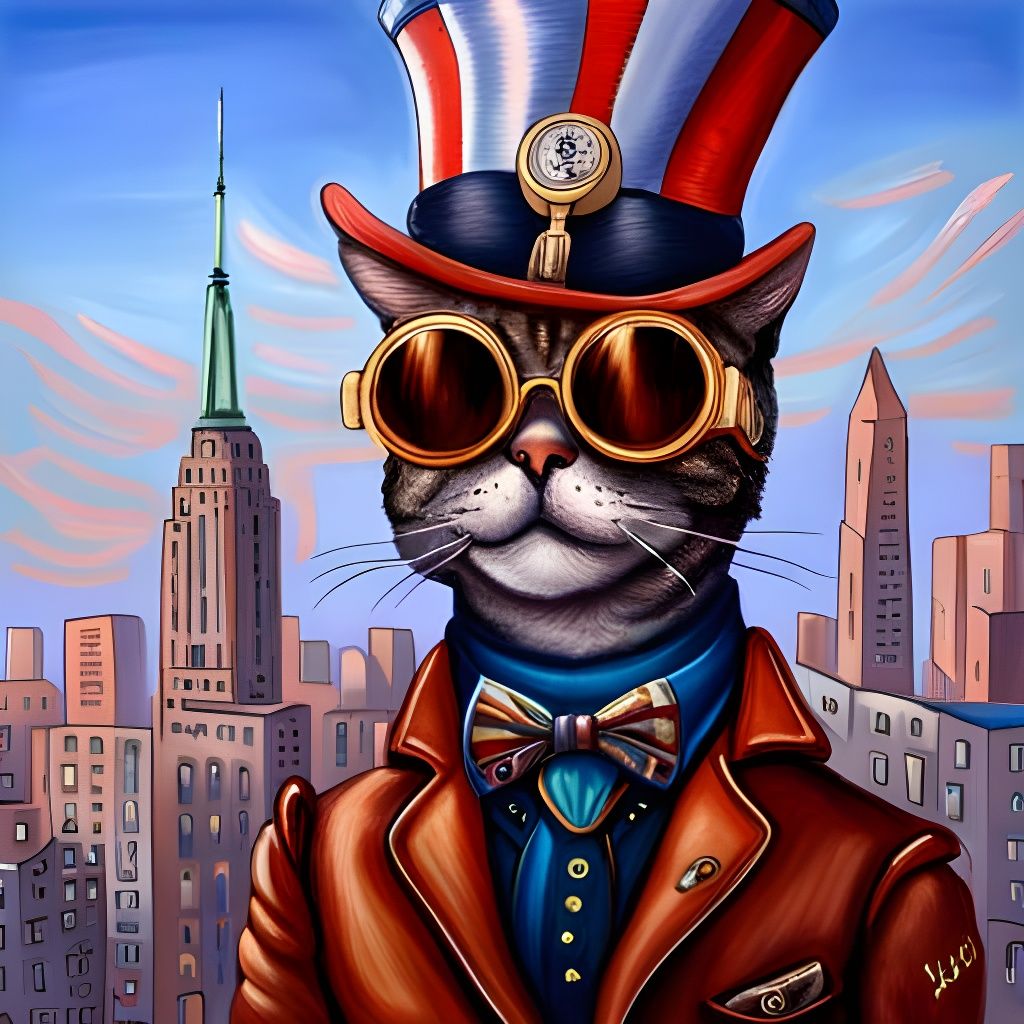 Steampunk Cat Rides Horse in Manhattan, Wain Style