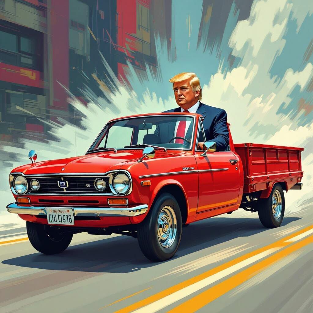 Datsun 1200 Pulling Wagon in Retro-Futuristic Style