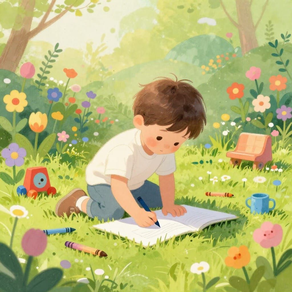 Child Drawing in Dreamy Kindergarten Garden
