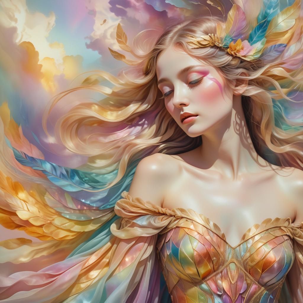 Goddess in Iridescent Dress: Surrealist Oil Painting