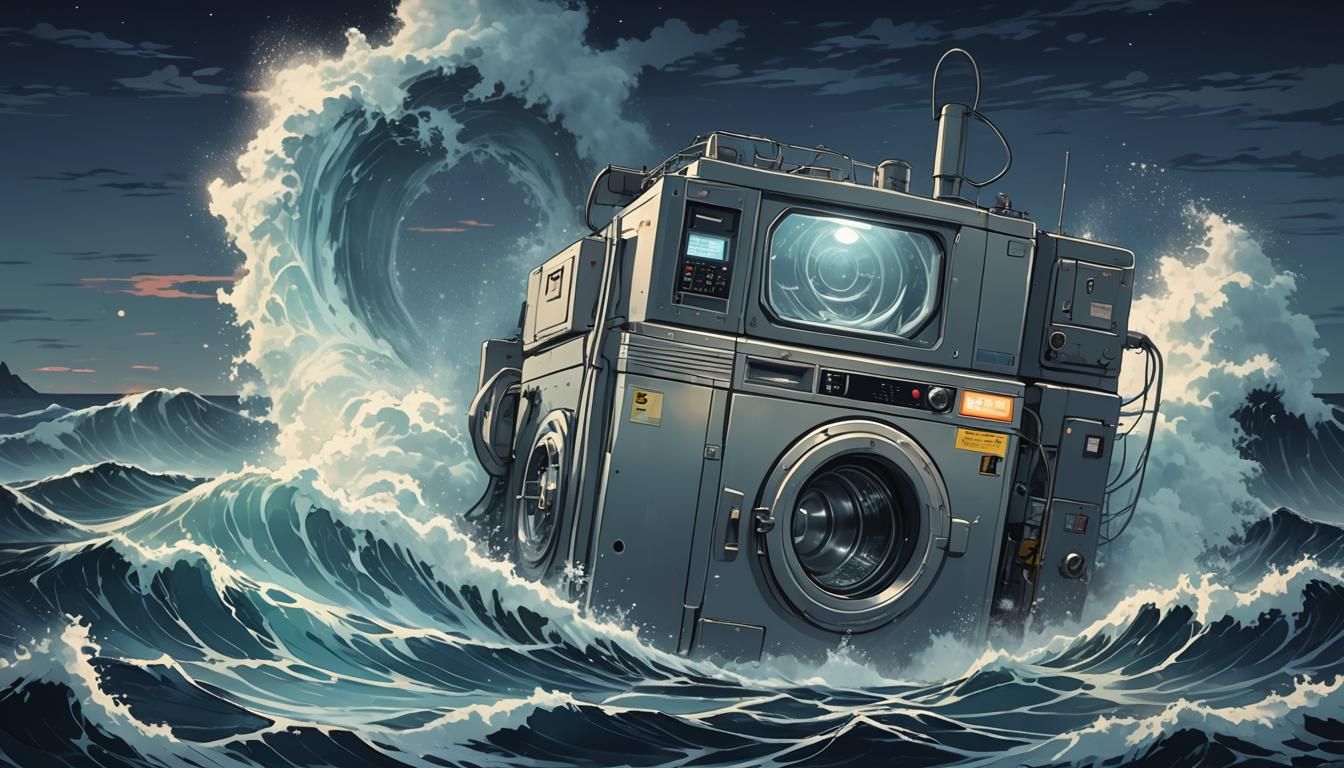 Giant Washing Machine in Ocean: Anime Style