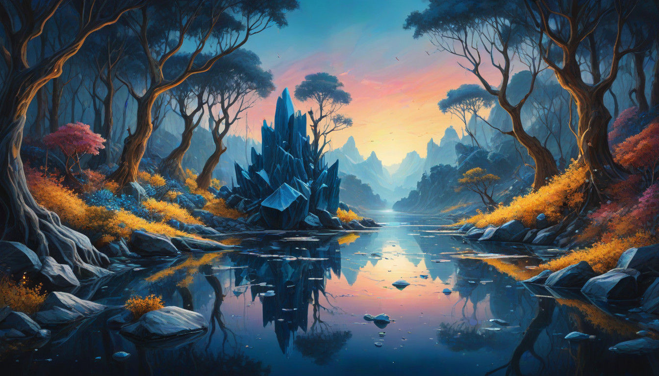 Surreal Crystal Landscape with Dark Blue Sapphire River