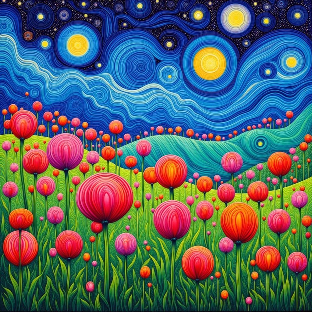 Surreal Floral Field Under Starry Night Sky in Van Gogh Styl...