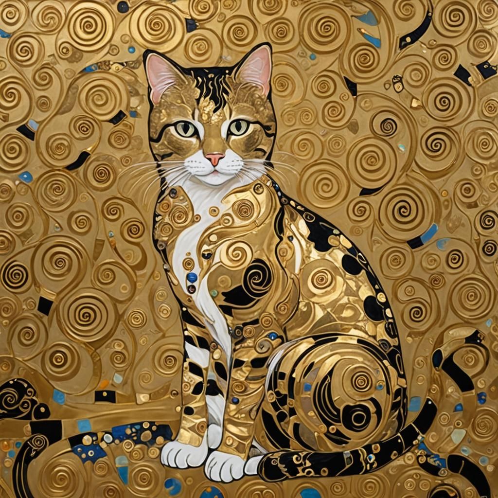 Golden Cat Portrait in Klimt Style