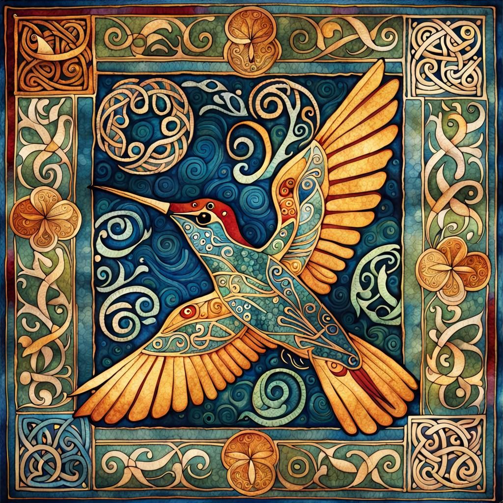 Hummingbird Illustration in Book of Kells Batik Style