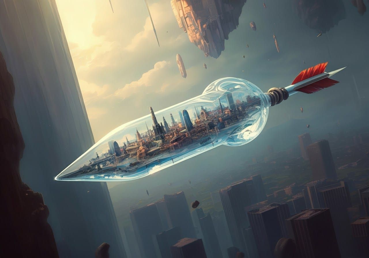 Miniature City Inside Arrow in Comic Book Art Style