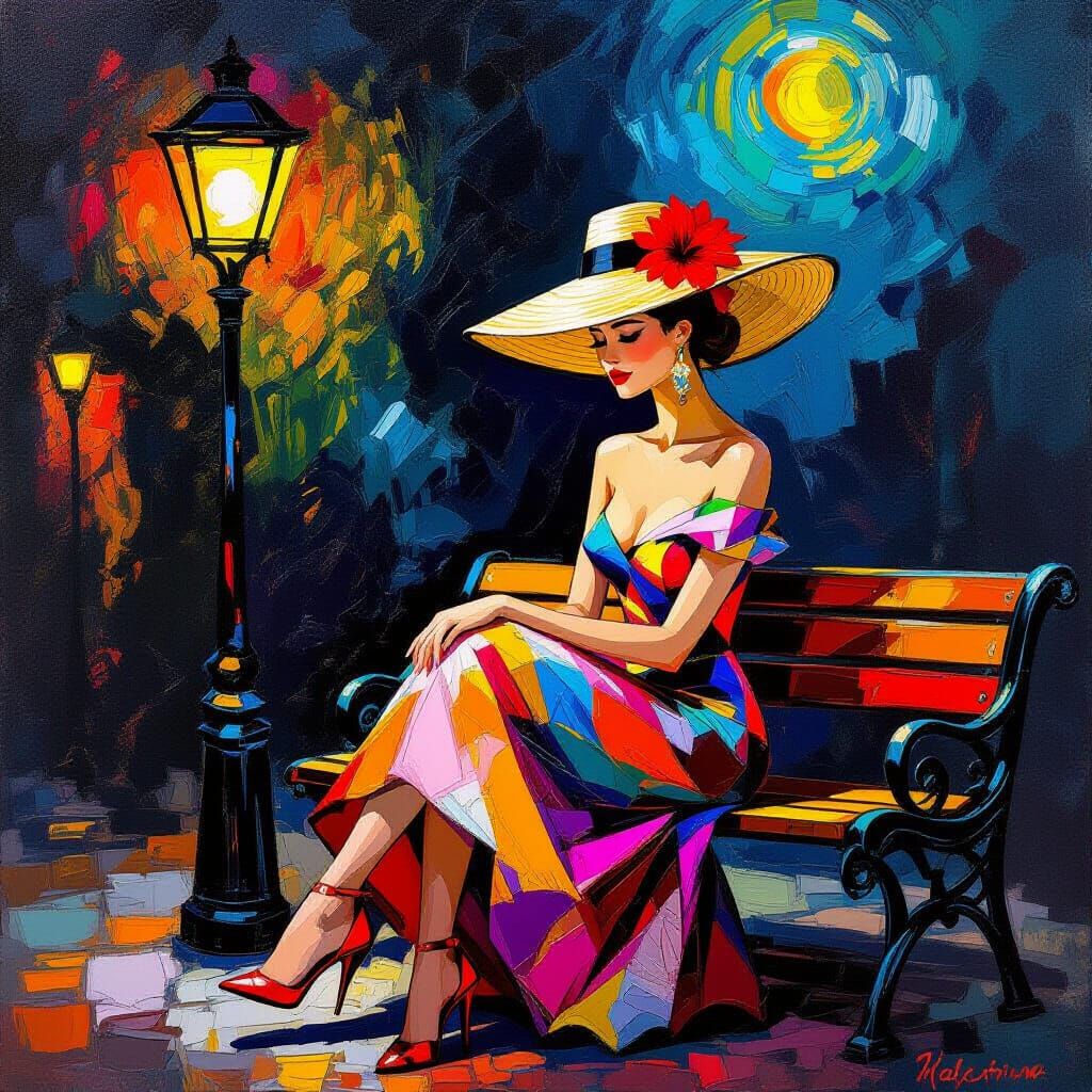 Elegant Woman on Bench in Vibrant Impasto Style