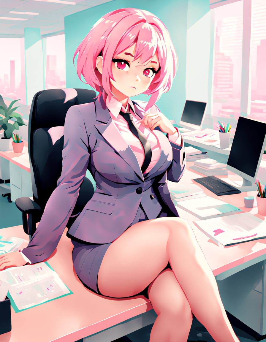 Anime Woman in Business Suit on Office Desk